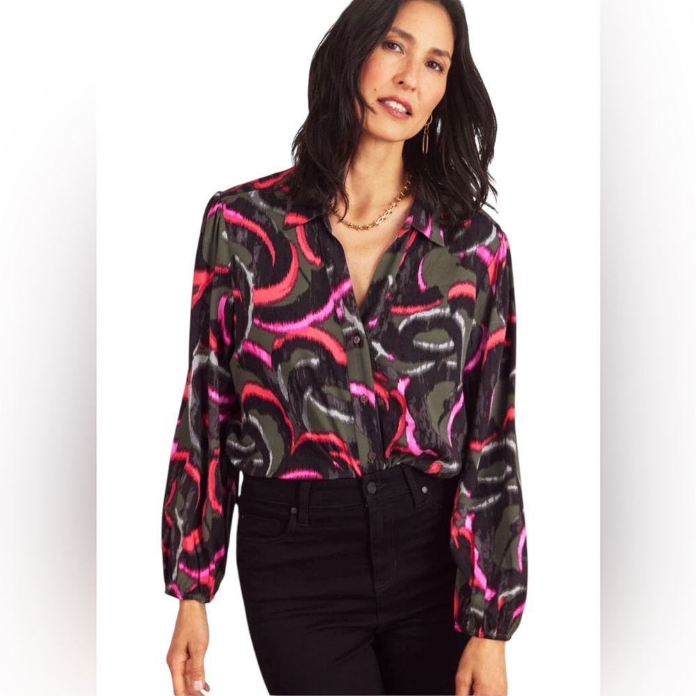 NEW NIC + ZOE Neon Doodle Live in Shirt Blouse Top in Green Multi Small